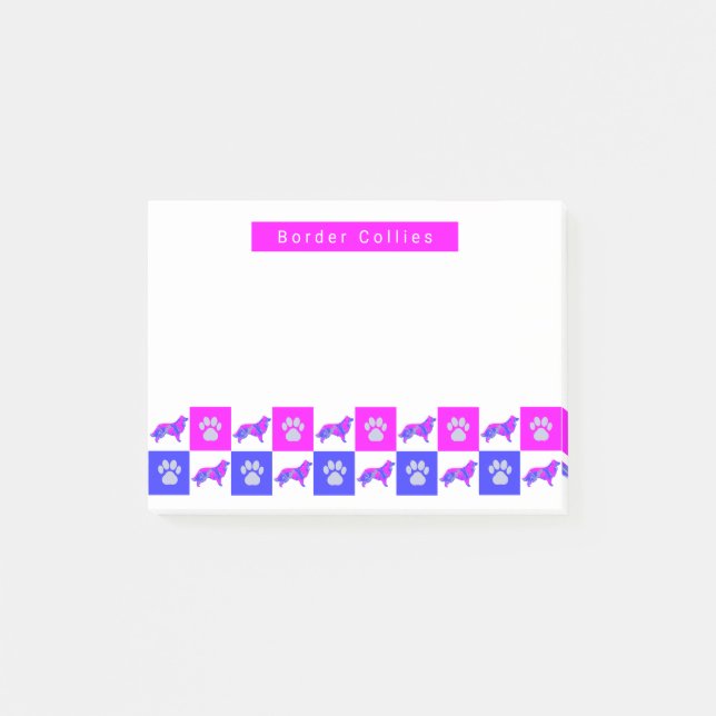 Notas Post-it® Perro collie de borde y pasto rosado caliente y az (Anverso)