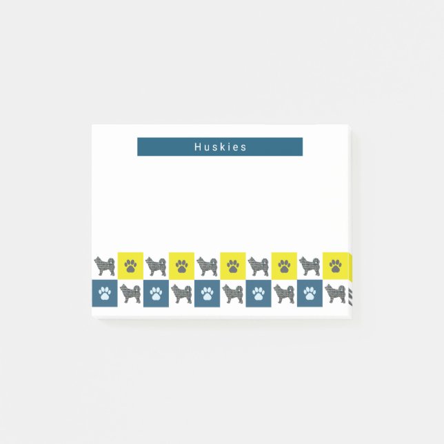 Notas Post-it® Perro Husky con silueta cuadrada amarilla y azul (Anverso)