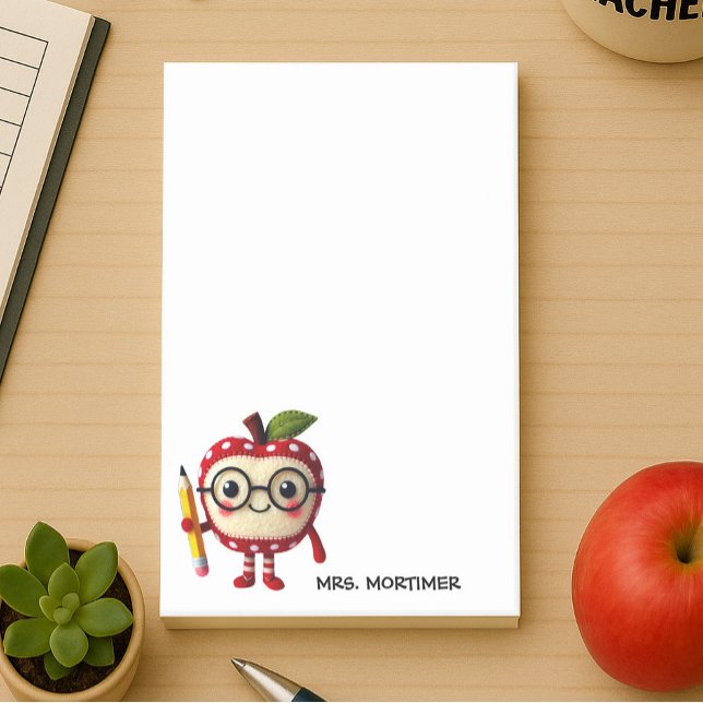 Notas Post-it® Personaje de Apple rojo con nombre de profesor de  (4 x 6 sticky notes for teachers with a cute apple character holding a pencil personalize with a name)
