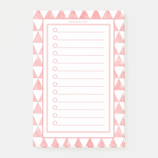 Notas Post-it® Personalised Pink & White Triangles Grocery List. (Anverso)