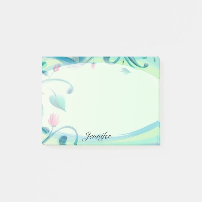 Notas Post-it® Personalización de nombre Bonito verde floral (Anverso)
