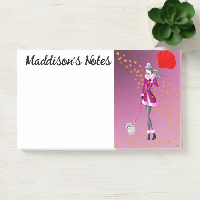 Notas Post-it® Personalizado Cute Dog Walker Autums deja rosado (Oficina)