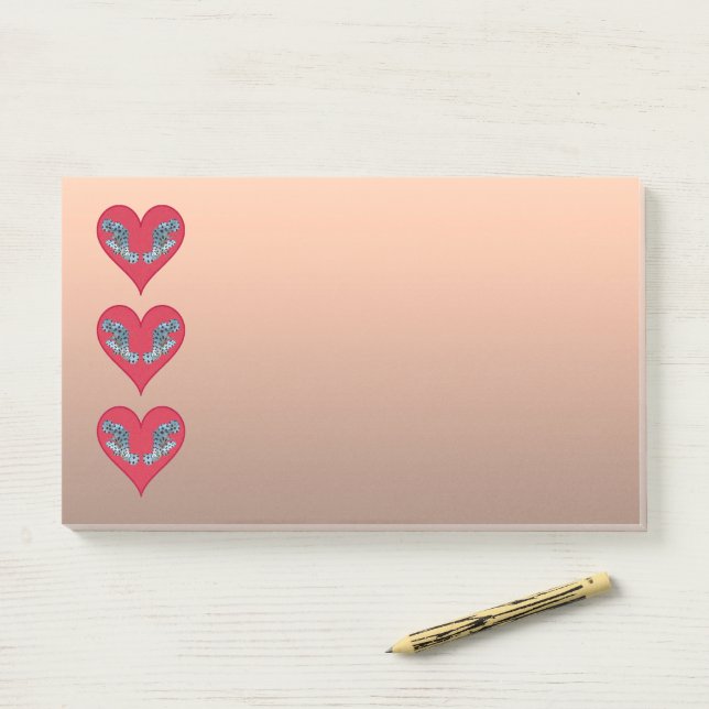 Notas Post-it® Pez Grouper - Corazones Rojos, dispuestos vertical (En escritorio)