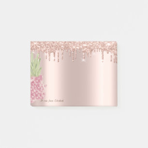Notas Post-it® Piña Acuarela con Goteo de Brillo de Oro Rosa