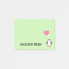 Notas Post-it® Pingüino Lindo con Lazo Rosa y Globo de Corazón Ro