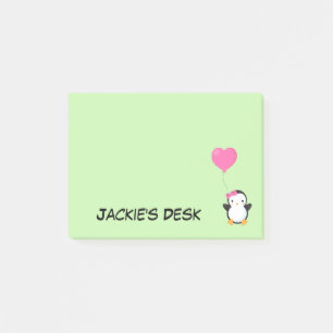 Notas Post-it® Pingüino Lindo con Lazo Rosa y Globo de Corazón Ro