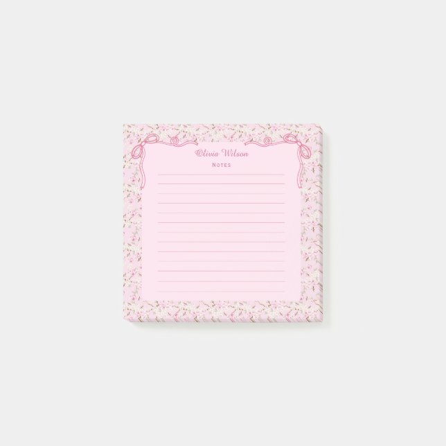 Notas Post-it® Pink Floral Coquette Bow Custom Name (Anverso)