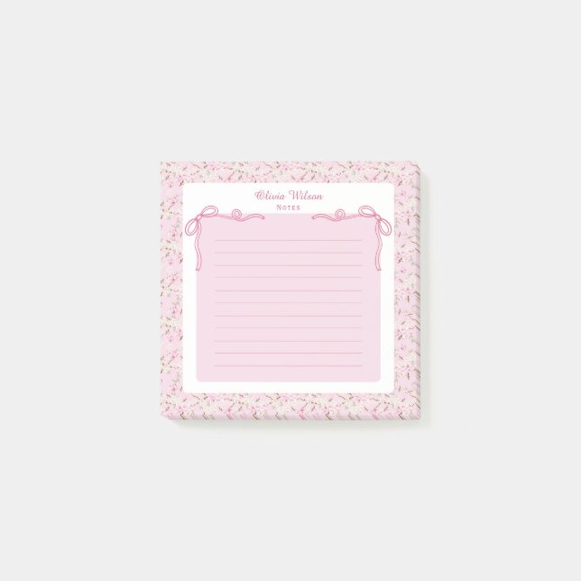 Notas Post-it® Pink Floral Coquette Bow Custom Name (Anverso)