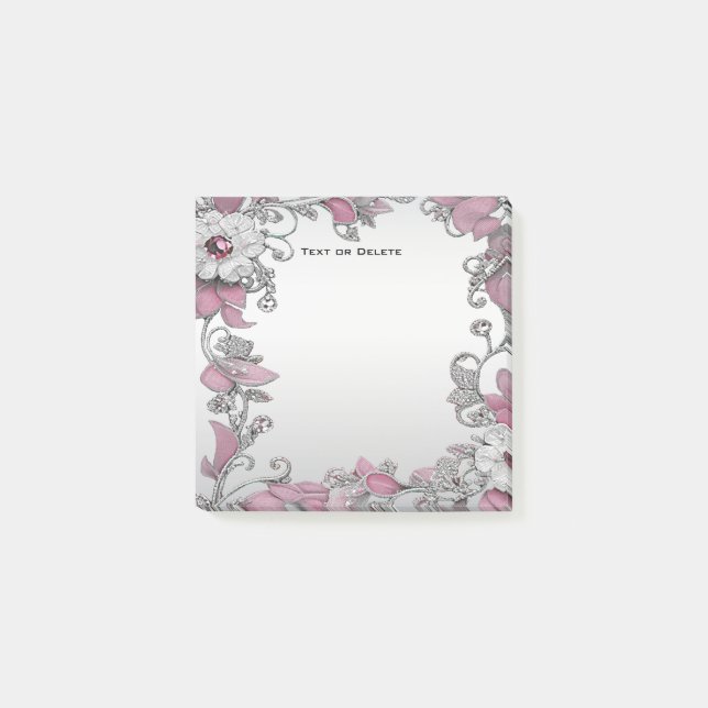 Notas Post-it® Pink Silver White Floral Post escribe (Anverso)
