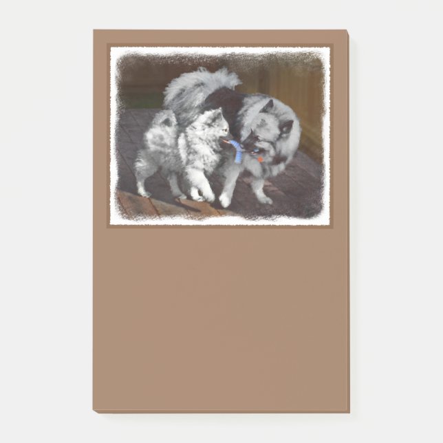 Notas Post-it® Pintado Keeshond Playtime - Arte Perro Original. (Anverso)