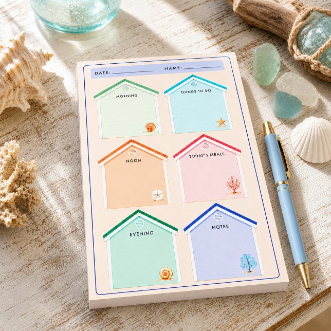 Notas Post-it® Planificador Diario de Cabañas Costeras (Beach huts coastal cottages post it notepad shown on desk/counter )