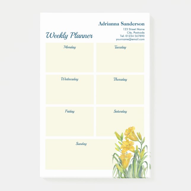 Notas Post-it® Planner semanal acuarela Yellow Day Lilies Design (Anverso)