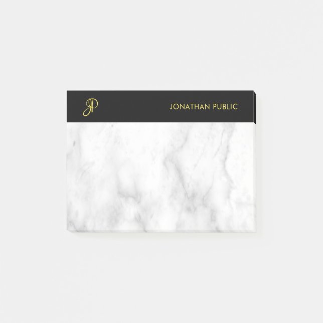 Notas Post-it® Plantilla Monogramada Mármol Blanco Oro Negro (Anverso)