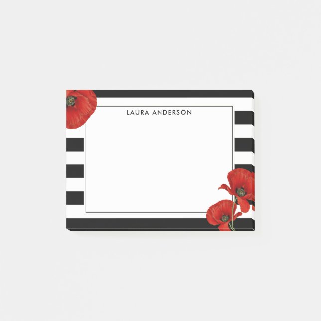 Notas Post-it® Poppies rojos en franjas blancas y negras (Anverso)