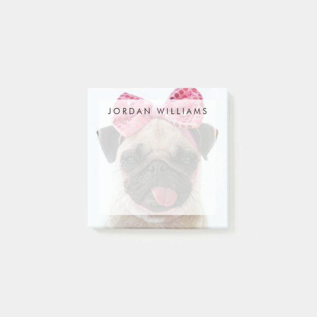 Notas Post-it® Pug con arco rosado (Anverso)