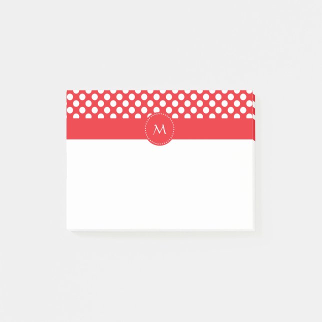 Notas Post-it® Punto de polka blanco y rojo monogramado (Anverso)