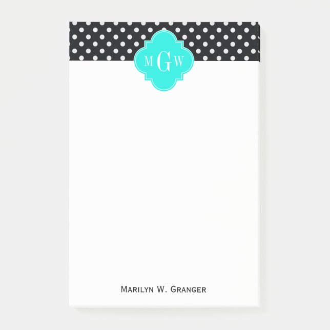Notas Post-it® Puntos de Polka Blanco Negro Aqua Quatrefoil 3 Mon (Anverso)