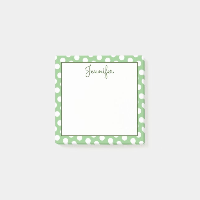 Notas Post-it® Puntos personalizados de polka verde y blanco sabi (Anverso)
