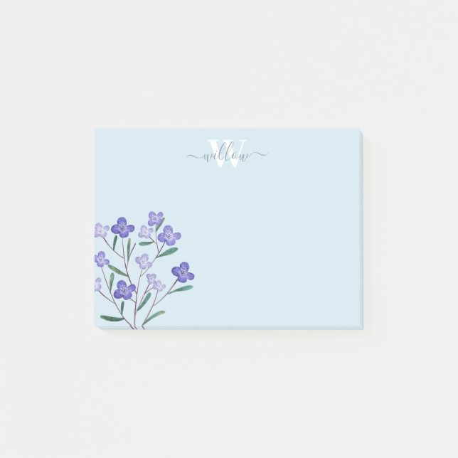 Notas Post-it® Púrpura acuarela Dusty Blue Monogram Floral Notes (Anverso)