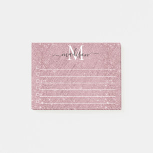 Notas Post-it® Purpurina de guiones de monograma rosa rosa de oro