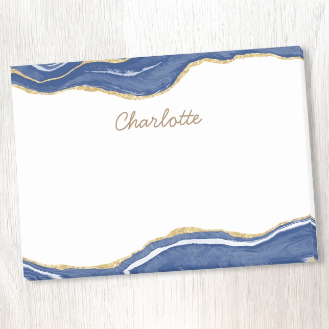 Notas Post-it® Purpurina de oro de la Marina Blue Marble Agate (Blue agate geode personalized custom name script post it sticky notes)
