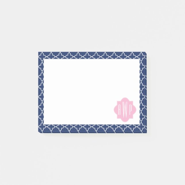 Notas Post-it® Quatrefoil de la marina y monograma rosa (Anverso)