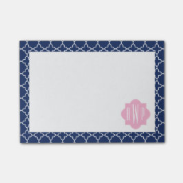 Notas Post-it® Quatrefoil de la marina y monograma rosa