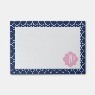 Notas Post-it® Quatrefoil de la marina y monograma rosa