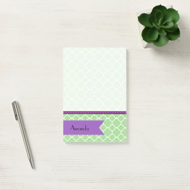 Notas Post-it® Quatrefoil verde, Trellis marroquí, tu nombre (Oficina)
