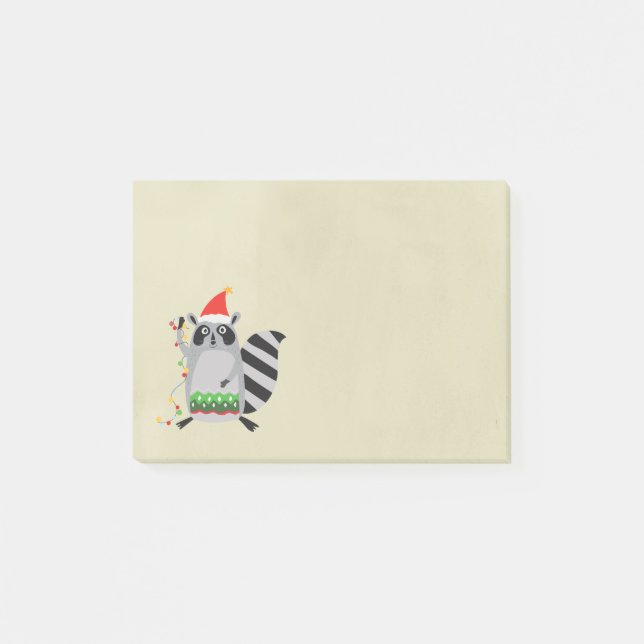 Notas Post-it® Raccoon En Santa Hat Atrapado En Luces De Vacacion (Anverso)
