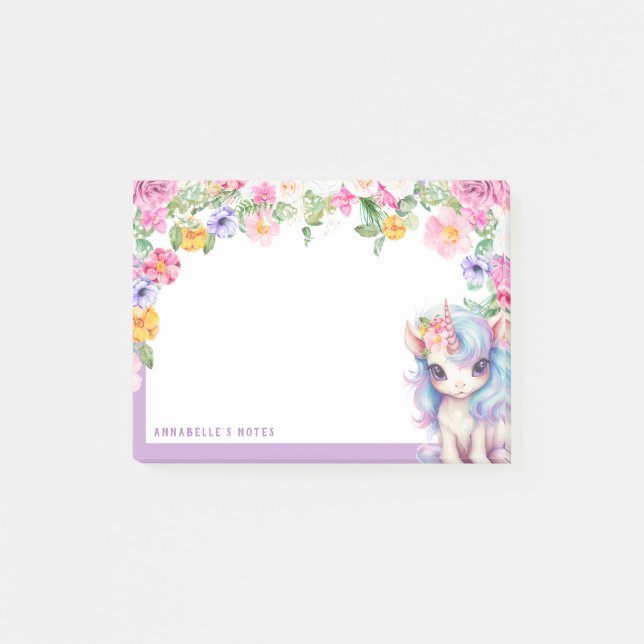 Notas Post-it® Rainbow Unicorn Custom Name Floral Kids School (Anverso)