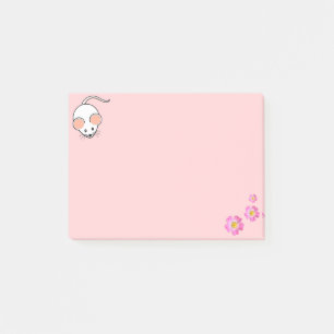Notas Post-it® Ratón blanco lindo y flores rosadas sobre rosa