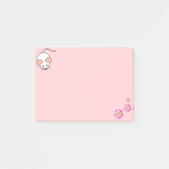 Notas Post-it® Ratón blanco y flores rosadas en rosa (Anverso)