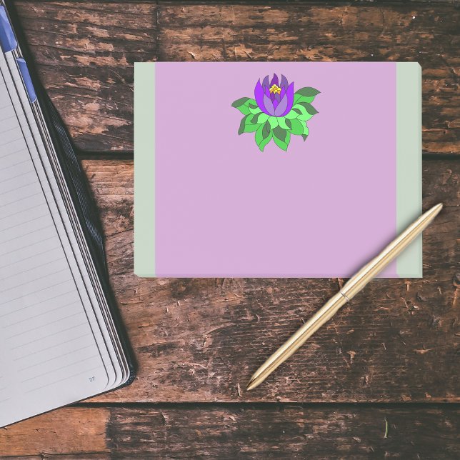 Notas Post-it® Rayas de flores violetas de Lotus violentas púrpur (Big purple lotus flower green leaves on purple with pale green borders post it notes.)