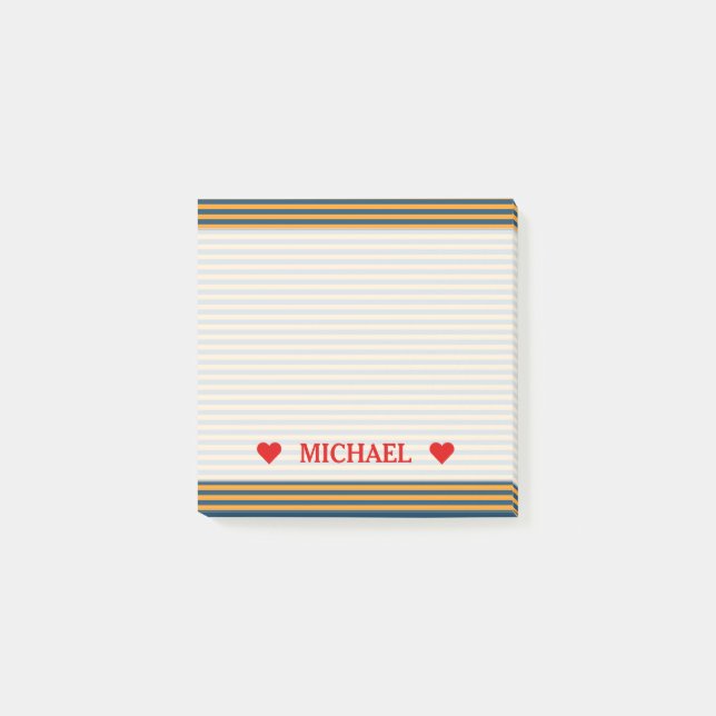 Notas Post-it® Rayas/líneas modelo y nombre azules y anaranjados (Anverso)