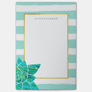 Notas Post-it® Rayas verde azuladas y blancas con el Succulent de