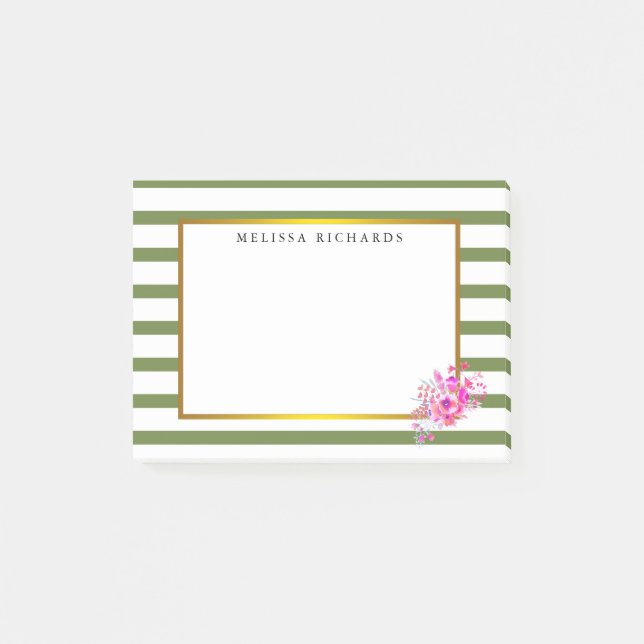 Notas Post-it® Rayas verdes con flor de borde dorado (Anverso)