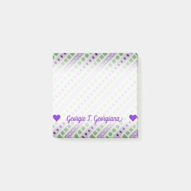 Notas Post-it® Rayas verdes y púrpuras; Cuadrados, diamantes, (Anverso)