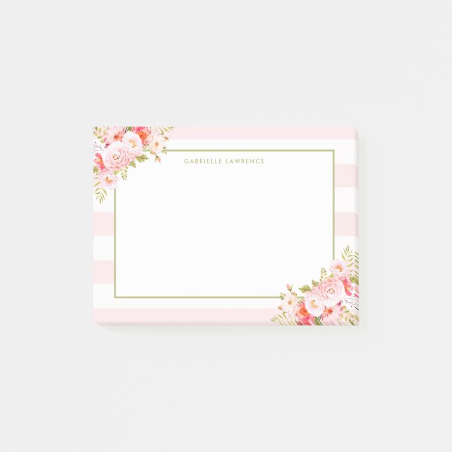 Notas Post-it® Rayas y Peonies rosados femeninos II personalizado (Anverso)