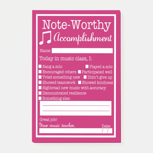 Notas Post-it® Reconocimiento de estudiante de clase musical (Anverso)