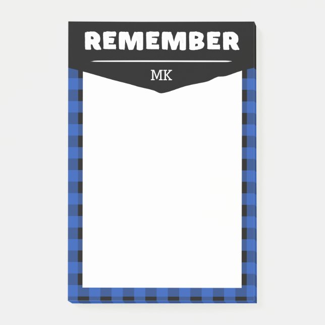 Notas Post-it® Recuerde - Blue Buffalo Check Monogramado (Anverso)