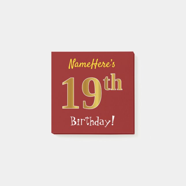 Notas Post-it® Red, Faux Gold 19th Birthday, con nombre personali (Anverso)