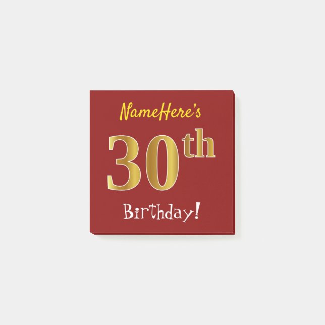 Notas Post-it® Red, Faux Gold 30 cumpleaños, con nombre personali (Anverso)
