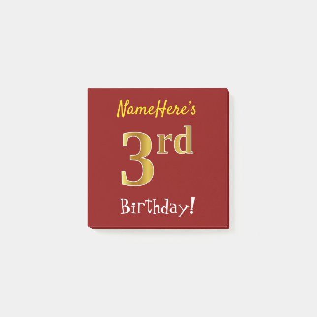 Notas Post-it® Red, Faux Gold 3Birthday, Con Nombre Personalizado (Anverso)