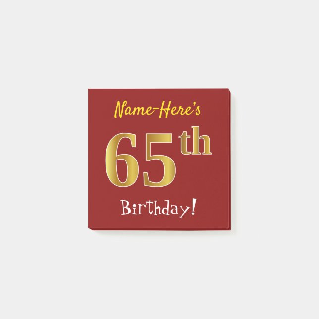 Notas Post-it® Red, Faux Gold 65th Birthday, con nombre personali (Anverso)