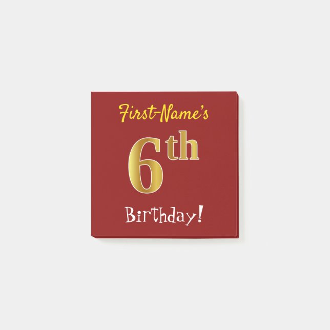 Notas Post-it® Red, Faux Gold 6Cumpleaños, Con Nombre Personaliza (Anverso)