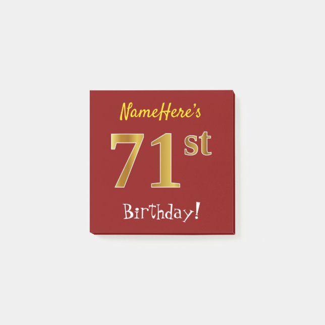 Notas Post-it® Red, Faux Gold 71st Birthday, con nombre personali (Anverso)