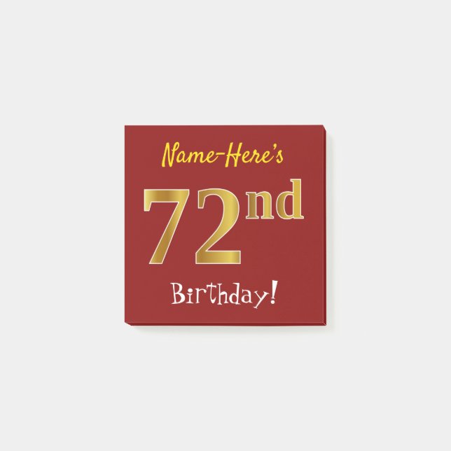 Notas Post-it® Red, Faux Gold 72nd Birthday, con nombre personali (Anverso)