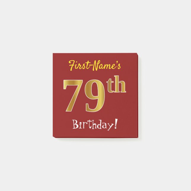 Notas Post-it® Red, Faux Gold 79th Birthday, con nombre personali (Anverso)