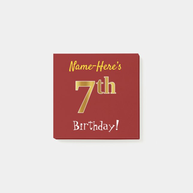 Notas Post-it® Red, Faux Gold 7Cumpleaños, Con Nombre Personaliza (Anverso)